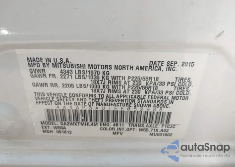 2015 Mitsubishi Outlander Sport Es из США, поврежденный, VIN 4A4AP3AU1FE052986
